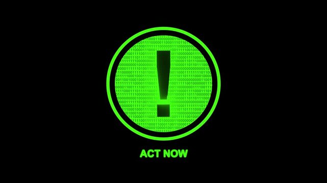 Digital warning symbol alert displaying act now text on a binary code background, ideal for cybersecurity, IT alerts, data breach notifications, and tech-related marketing materials.