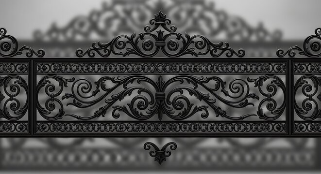 Ornate black wrought iron fence detail with scrolling patterns and shadow effects