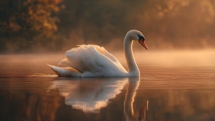 Fototapeta premium Elegant white swan floating gracefully on misty lake during golden sunrise