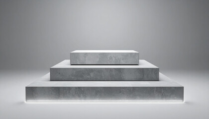 Obraz premium Minimalist three-tiered concrete podium with subtle lighting on a grey background, perfect for product display or abstract concepts.