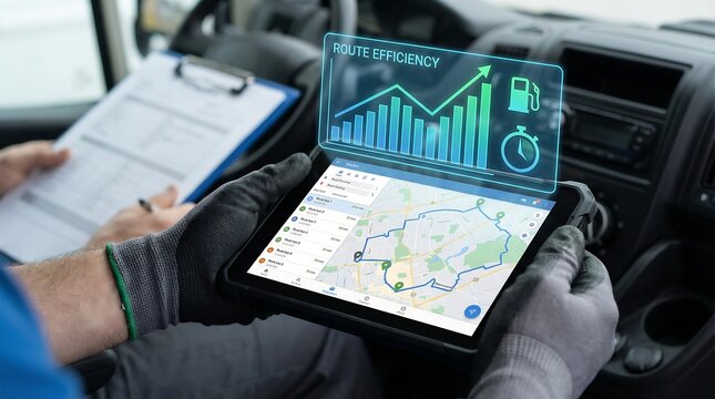 Close-up of hands managing a complex delivery route plan on an advanced digital tablet, leveraging technology to optimize logistics and enhance operational efficiency in modern transportation