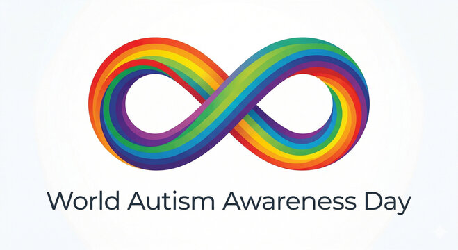 A vibrant rainbow infinity symbol above the text "World Autism Awareness Day" on a light background, representing neurodiversity and support.