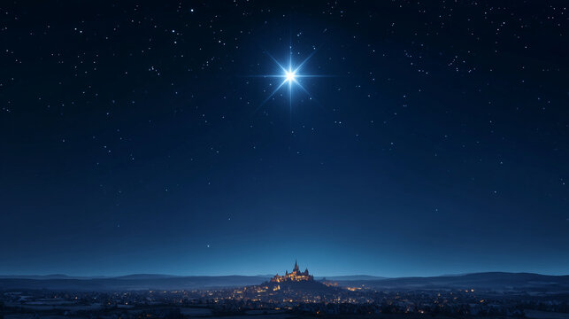 A bright star shining over a lit castle