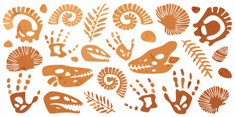 Watercolor illustration depicting fossils ammonites and dinosaur skeletons © Ramanath