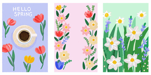 Three spring themed illustrations featuring flowers coffee and greetings © Ramanath