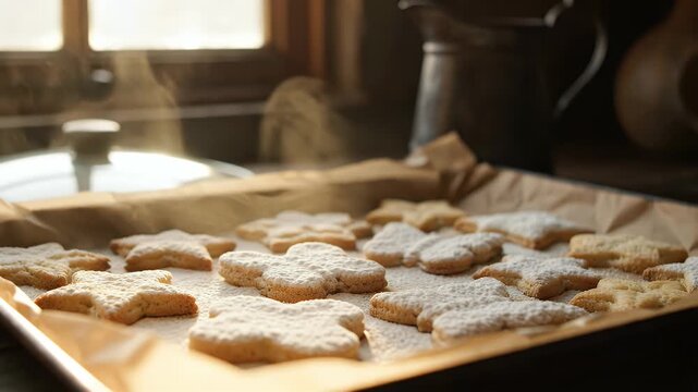 Warm homemade cookies on baking sheet with powdered sugar by window