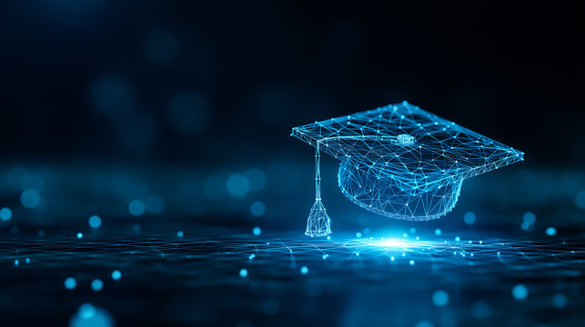A glowing blue graduation cap made of digital connections represents online education and technological learning