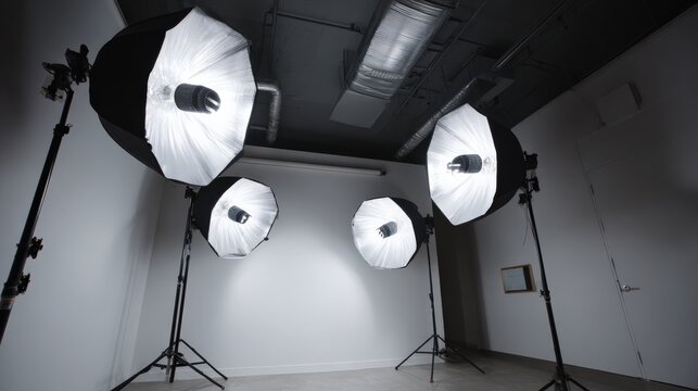 Studio setup with multiple softbox lighting for photography
