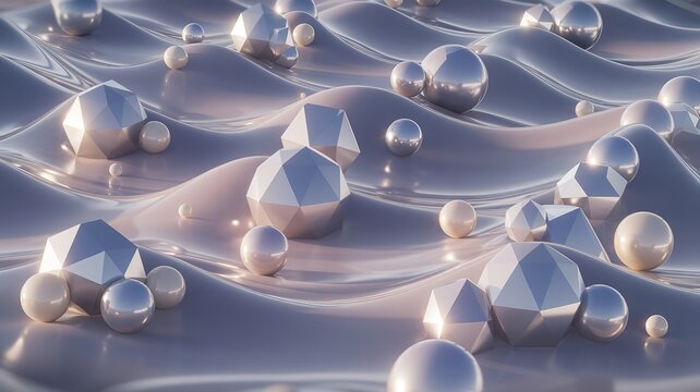 Abstract illustration of metallic geometric shapes and spheres on a liquid surface.