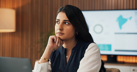 Thinking, investor and woman in office, decision for investment opportunity and solution....