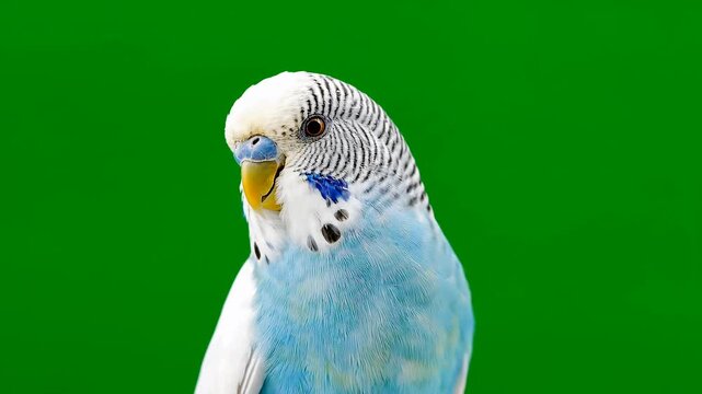 A close-up shot of a beautiful light blue and white budgerigar with black markings and a yellow beak, set against a vibrant green background.