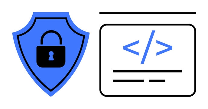 Cybersecurity, software coding, data protection, web development, secure websites, online safety. A shield with a lock symbol next to an HTML code snippet. Cybersecurity and data protection visually