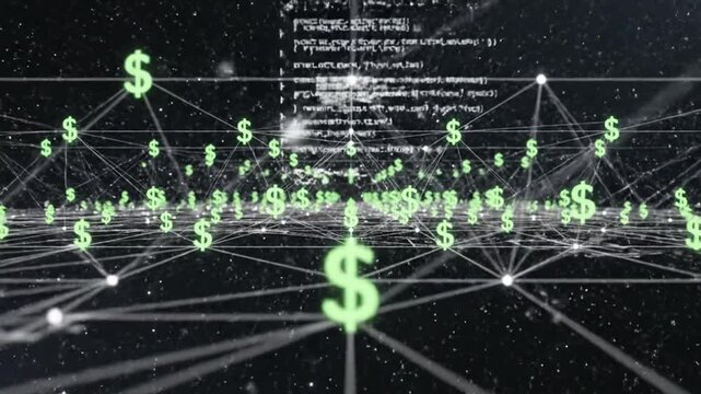 Digital Financial Network with Glowing Dollar Signs and Code