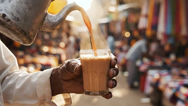Pouring Traditional Steaming Indian Masala Chai in a Busy Street Market