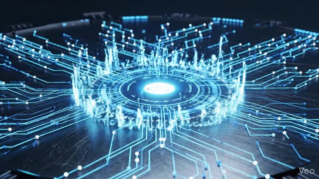 Futuristic abstract digital technology background featuring glowing blue data lines, luminous dots, and circular metallic interface for artificial intelligence, cryptocurrency, and machine learning.