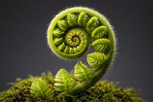 Fibonacci spiral of a green fern frond fiddlehead on moss. 3D conceptual illustration of sacred geometry, nature's golden ratio, and organic growth in the forest.