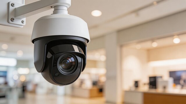 Modern security surveillance camera installed in a shopping mall or office building monitoring system for safety and protection CCTV technology for business security and crime