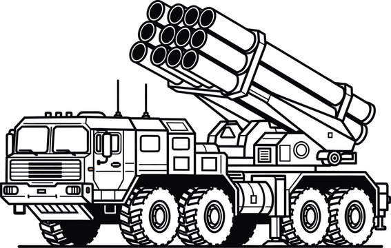 Black and white of a multiple rocket launcher vehicle military vehicle truck