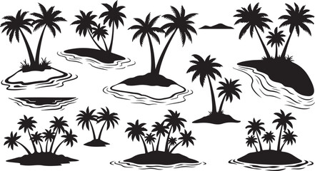 Fototapeta premium Black Silhouette Palm Trees on Small Islands in the Ocean Water