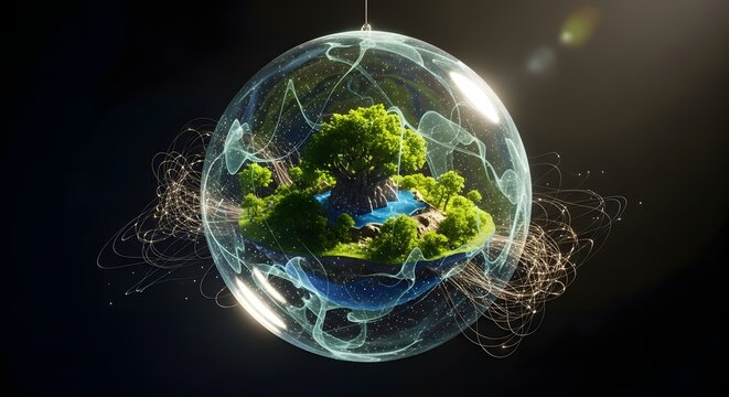 Miniature ecosystem with lush green tree and lake inside glowing crystal sphere hanging in dark space.