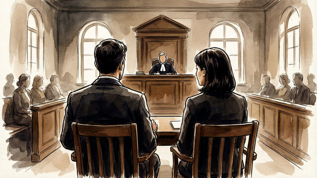 An expressive watercolor illustration captures a solemn courtroom scene, with a robed judge presiding over formal legal proceedings as two individuals, likely lawyers or defendants, are seated facing