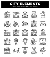 Naklejka premium black and white line art city elements and icons on a white background