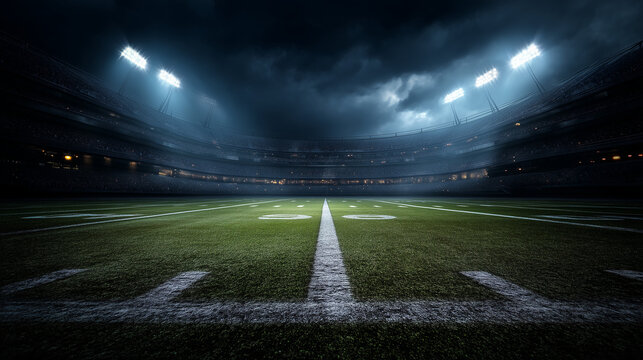 A football field is illuminated by bright stadium lights on a cloudy night for an evening game or practice session