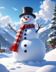 Obraz premium A happy snowman stands on a snow-covered hill with a snowy mountain backdrop. The snowman wears a top hat, a scarf