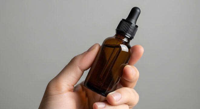 Hand holding a brown amber glass dropper bottle for cosmetic serum or essential oil against a plain background product mockup