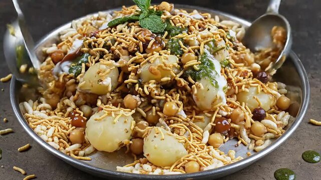 Indian Street Food Bhel Puri Chaat Being Mixed with Chutneys