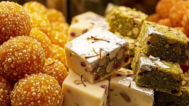 Assorted Indian Sweets Mithai Display in Street Market Bazaar