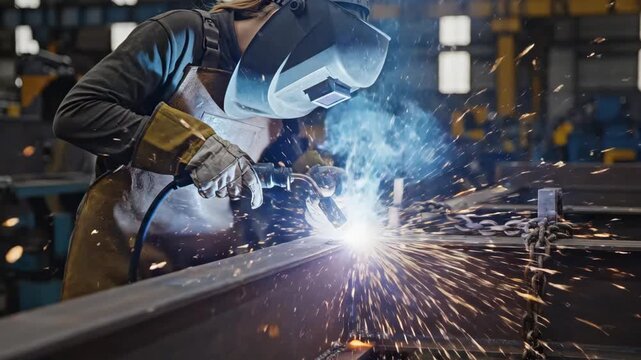 Metal welder working with arc welding machine to weld steel at factory. video