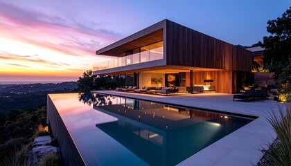 Fototapeta premium Elegant Contemporary Home with Wooden Facade Minimalist Design and Scenic Twilight Sky Reflection in Pool