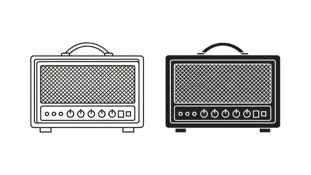 Guitar Amplifier Head Icons Vector Illustration Graphic in Minimalist Line Art and Solid Silhouette Style for Music Equipment Design and Audio Production Projects