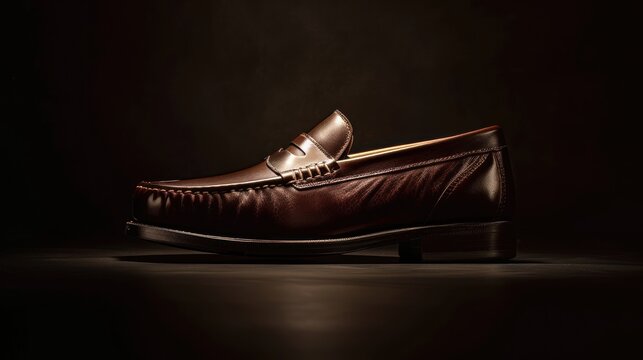 A detailed studio shot of a polished, brown leather loafer shoe against a dark background