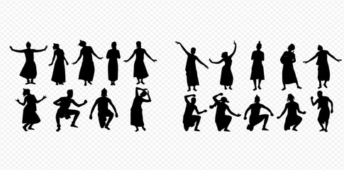 Obraz premium Set of diverse women silhouettes in various traditional dance poses, capturing cultural movement and grace.