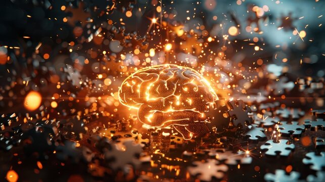 Illuminated brain above scattered puzzle pieces, sparking creativity and the power of thought