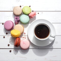 Fototapeta premium A cup of coffee and colorful macarons on a white wooden table
