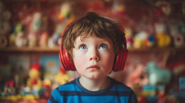 A young boy wearing red headphones looks surprised in a room full of toys and stuffed animals around him