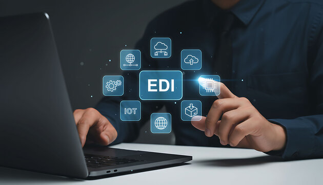 Businessman using EDI Electronic Data Interchange for digital supply chain business