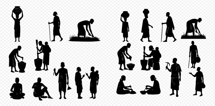 Set of African people silhouettes depicting various daily activities and traditional life.