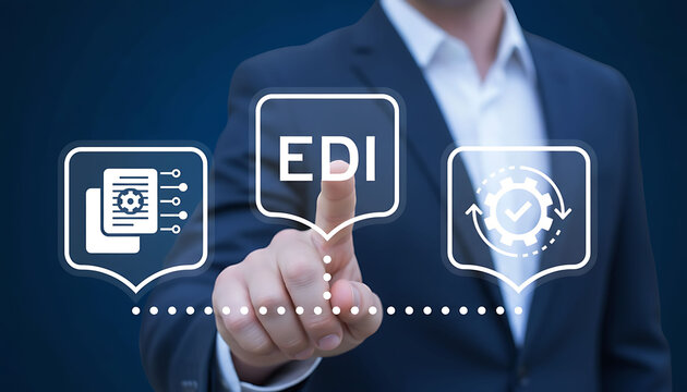Businessman pointing to EDI Electronic Data Interchange icon for digital business