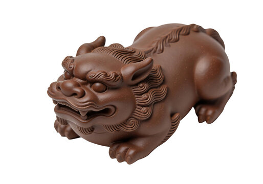 brown ceramic pixiu mythical beast sculpture isolated on transparent background. PNG, asian lucky charm element