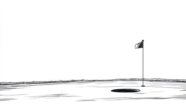 Monochrome illustration of a golf course green with a flagstick and hole