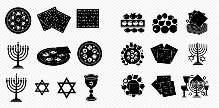 Set of Jewish holiday symbols including menorah, Star of David, matzah, and Seder plate icons.