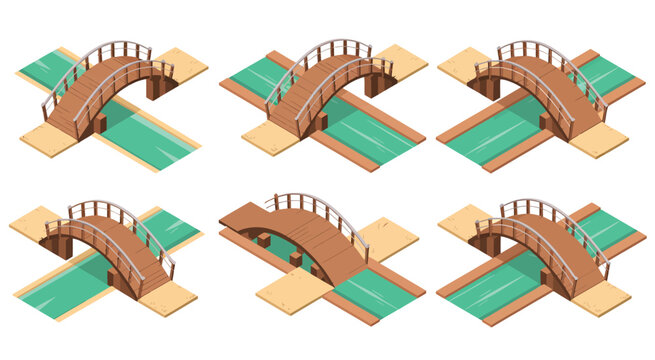 Wooden bridge over stream isometric set, vector illustrations showing small and medium wooden bridges crossing flowing water, perfect for maps, game design, and outdoor scenery projects.