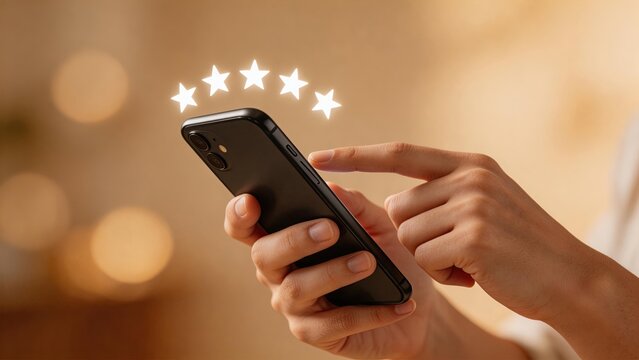 Hand holding smartphone with glowing five stars above screen symbolizing top customer rating positive feedback excellent service and user satisfaction in digital app review concept