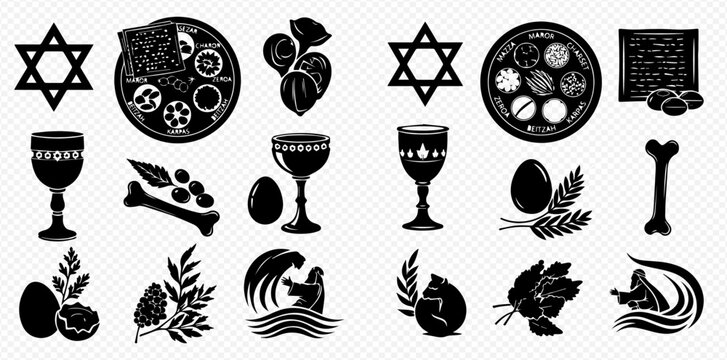 Passover Seder plate and Jewish holiday symbols, including Star of David, matzah, wine, and eggs, in a collection of black silhouette icons.