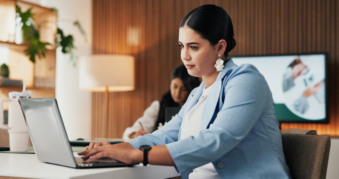 Business, woman and typing on laptop in office for income report, market research or client email. Staff, financial analyst and tech at desk for investment proposal, monitor performance or SEC filing