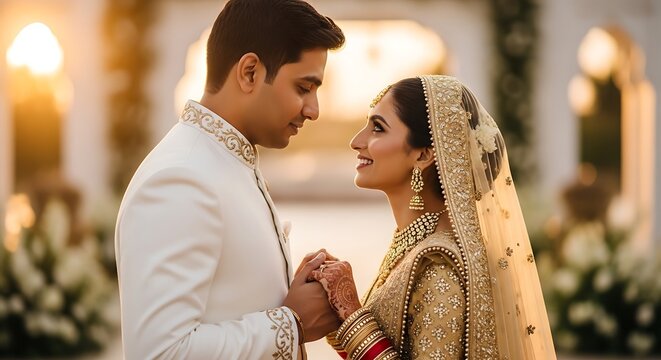 Indian wedding couple in traditional attire, elegant bride and groom holding hands, romantic south asian marriage ceremony